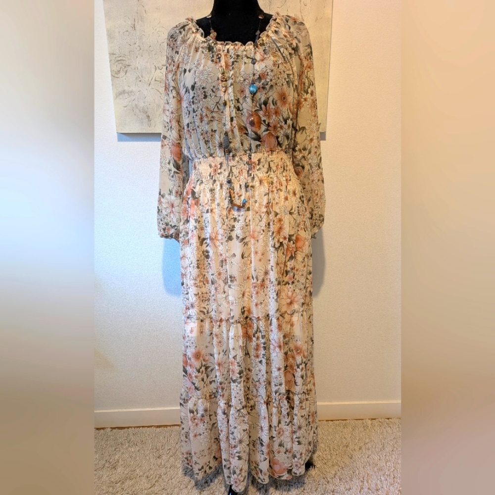 Kate and Lily Floral Sheer Boho Tiered Sun maxi  Dress size 14 xl, off shoulder